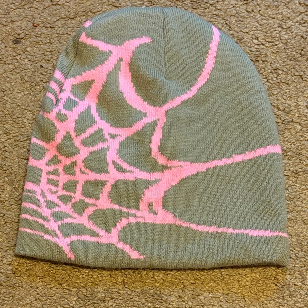 Gray and Pink Spiderweb Beanie